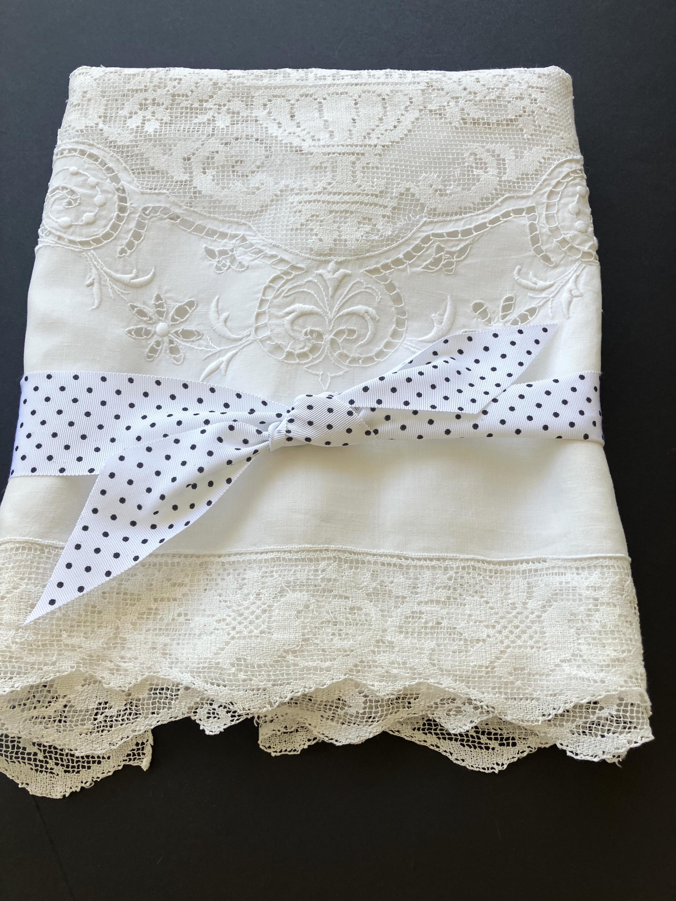 Antique Italian Linen Sheet with Filet Lace Cut work hand Embroidery 72" x 97"
