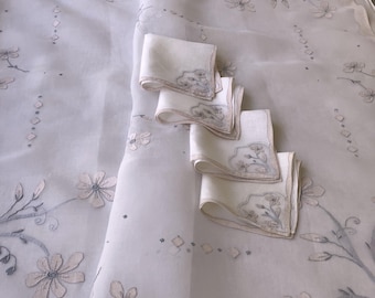 Vintage Madeira White Organdie  Pale Pink Applique work Tablecloth and Four Napkins