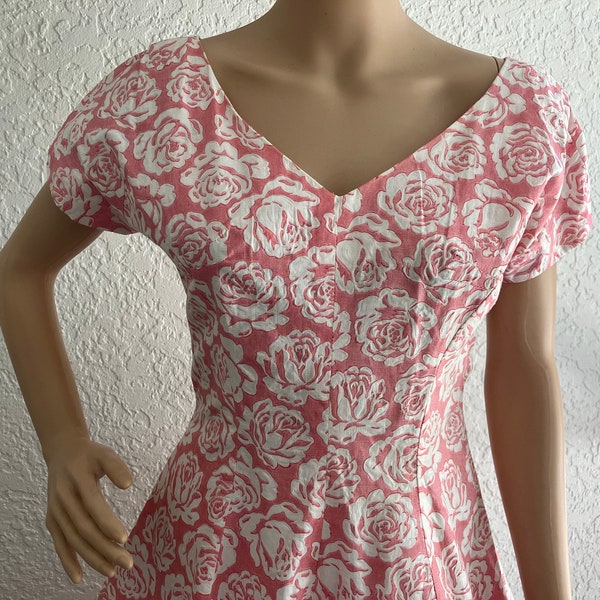 Vintage 1950's Glam Rock Dress Fit and Flair Pink with White Roses "Doris Fein Original" Med