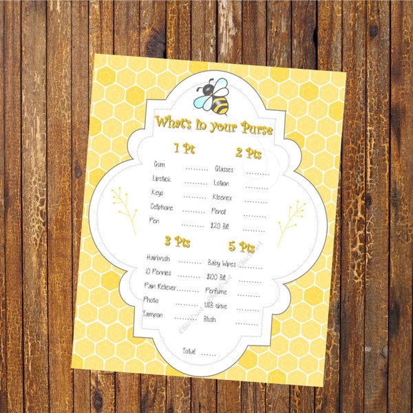 Printable Baby Shower Game // Points in your purse // Whats in your purse // Bee baby shower // Bee themed // Digital File INSTANT DOWNLOAD