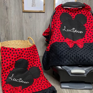 Minnie Mouse - Set para Baby Shower - Mickey Mouse - Disney - Manta y funda para asiento de coche - Rojo y negro - Personalizado - Regalo para Baby Shower