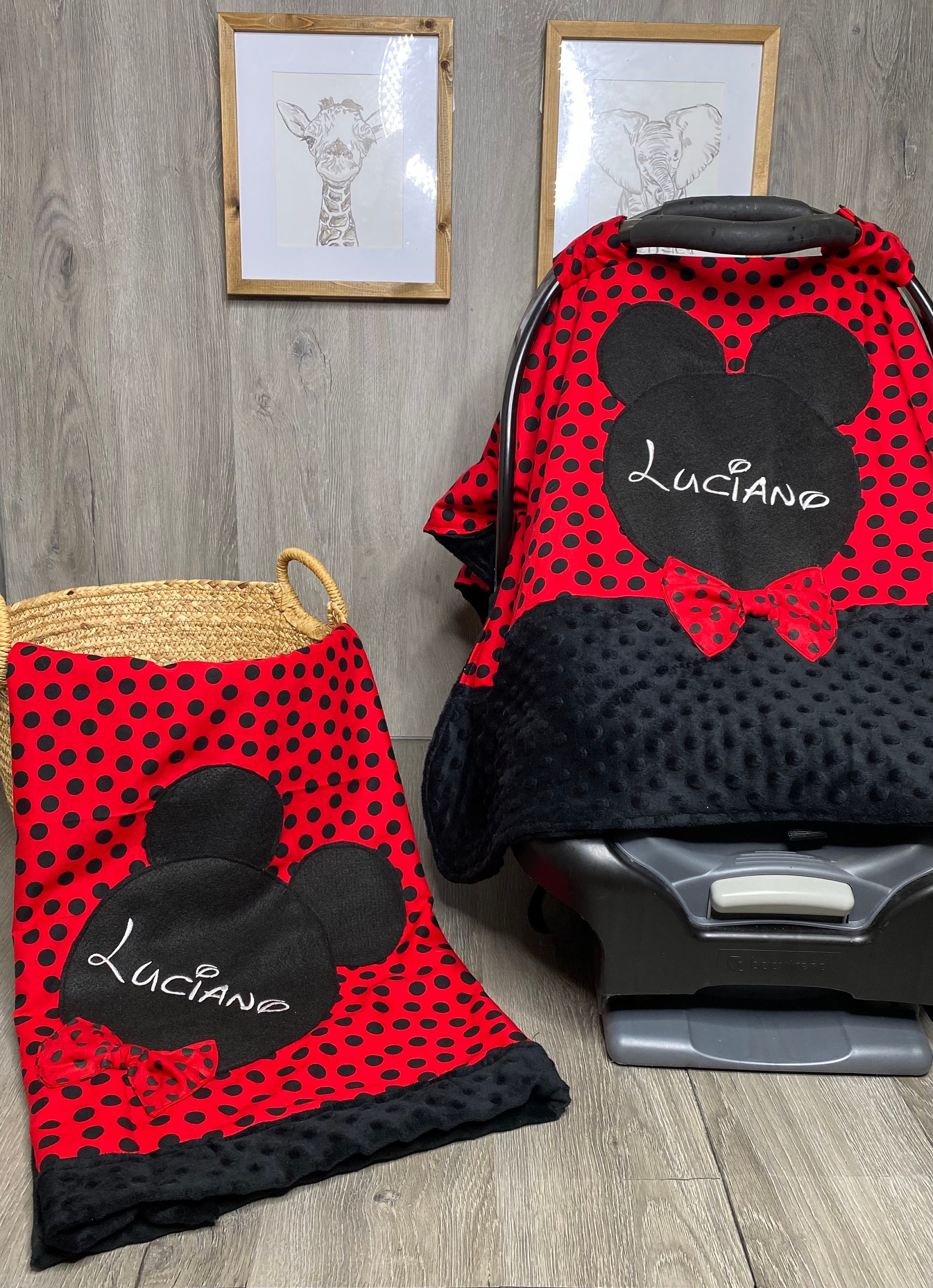 Minnie Mouse - Baby Shower Set - Mickey Mouse - Disney - blanket and car seat cover - red and black - personalized - baby shower gift
