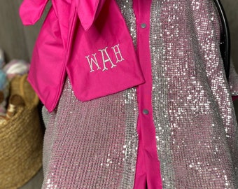 Silver Sequin & Hot Pink Car Seat Canopy - Personalized Baby Shower Gift - Baby Bow - Baby Girl Car Seat Canopy