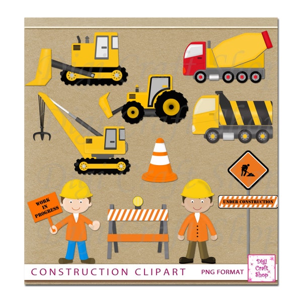 Digital Construction clipart. Dump truck, Cement truck, Bulldoser and Crane.Great for birthday invitations, party decor. Instant Download