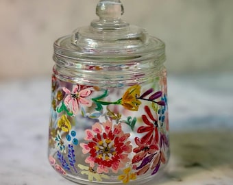 Hand Painted Floral Glass Jar: Whimsical Boho Decor