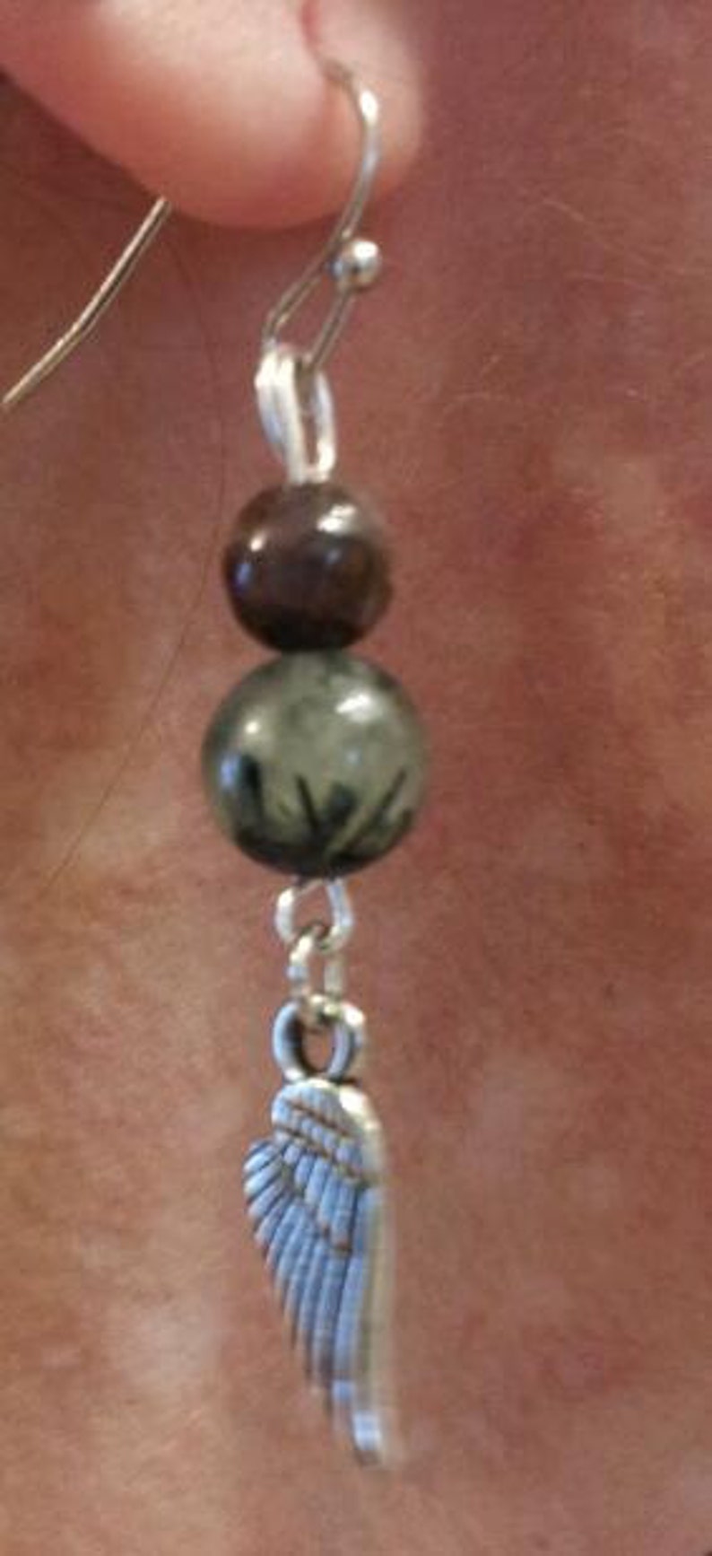 Prehnite and Pietersite with Angel wings dangle earrings 2 long