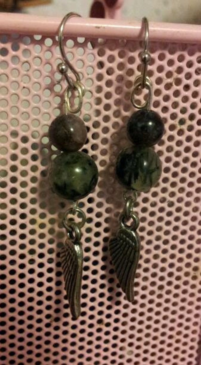 Prehnite and Pietersite with Angel wings dangle earrings 2 long