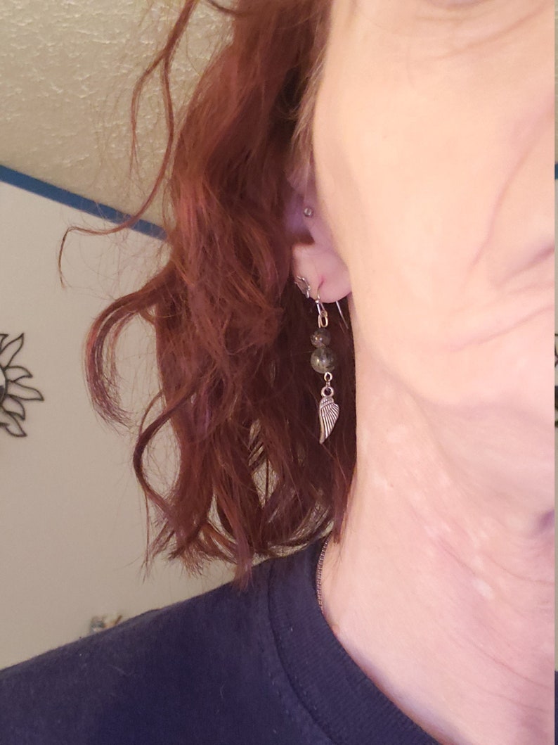 Prehnite and Pietersite with Angel wings dangle earrings 2 long