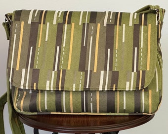 Green, Gray, While & Yellow Striped Chemo Pump Bag/Purse with Green on Brown Floral Batik Lining