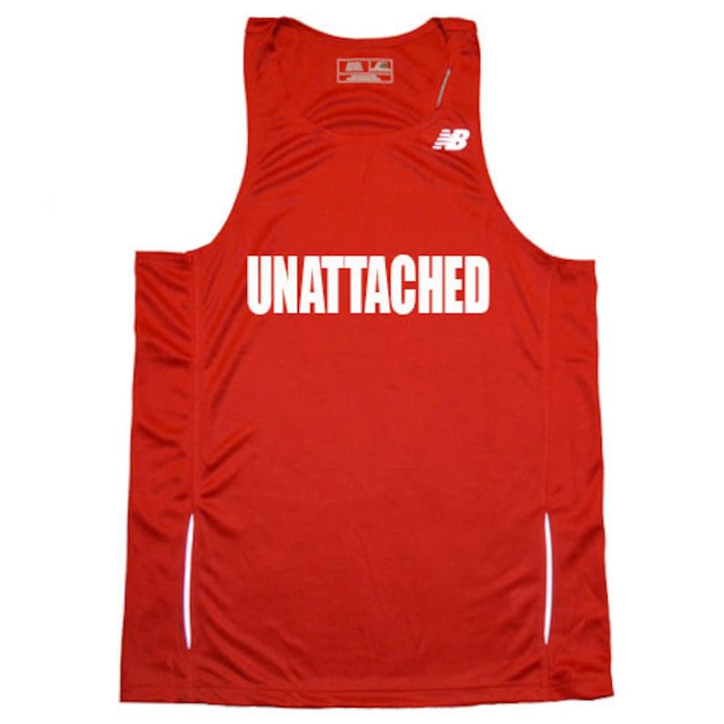 May include: Red sleeveless athletic tank top with white reflective accents and the text "UNATTACHED" printed on the front.