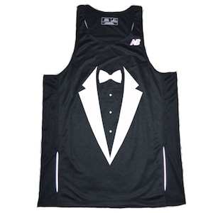 May include: Black tank top with a white tuxedo graphic and the letters "AB" on the right shoulder.