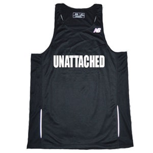 May include: Black sleeveless running tank top with white reflective accents on the sides and the word "UNATTACHED" printed in white on the front.