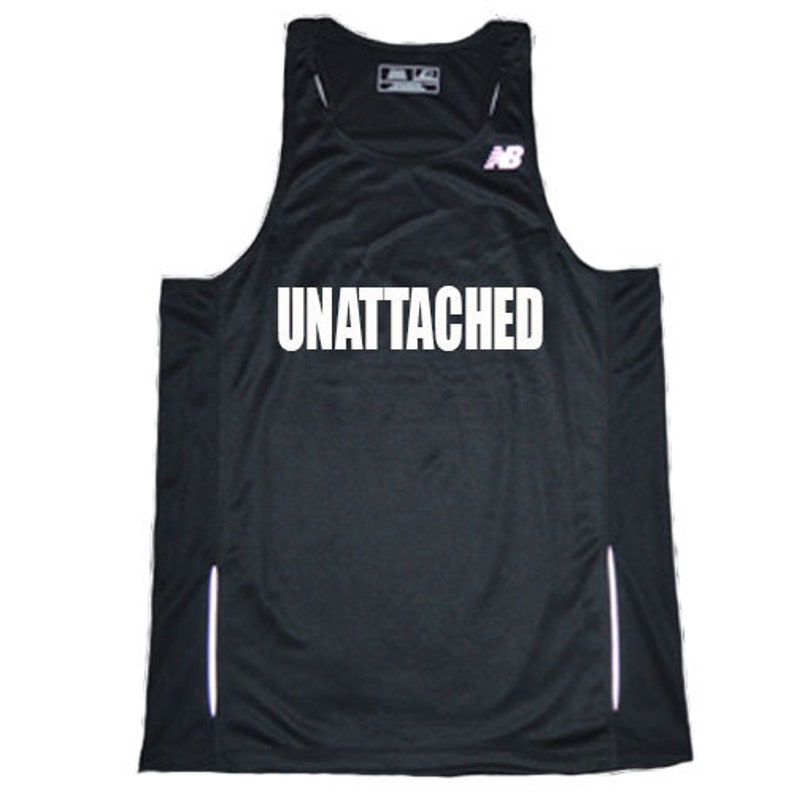 May include: Black sleeveless running tank top with white reflective accents on the sides and the word "UNATTACHED" printed in white on the front.