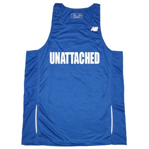 May include: A royal blue sleeveless running shirt with white side panels and the text "UNATTACHED" printed in white on the front.