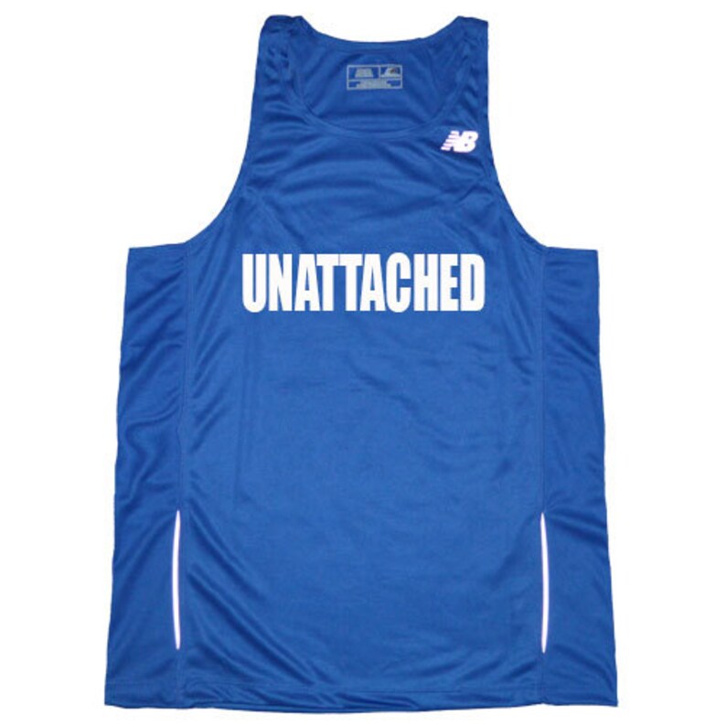 May include: A royal blue sleeveless running shirt with white side panels and the text "UNATTACHED" printed in white on the front.