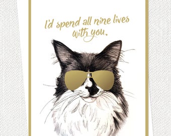 Cat Valentines Card, Anniversary Card, Funny Cat, Cat Lovers Gift, I'd Spend Nine Lives With You, I Love You, Blank Card