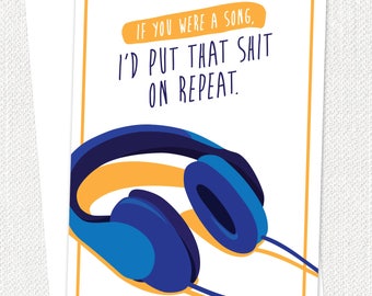 Funny Valentine Card, Music Lovers Card, Anniversary Card, Valentines, Headphones, Music On Repeat, Blank Card, Love Card, I Love You