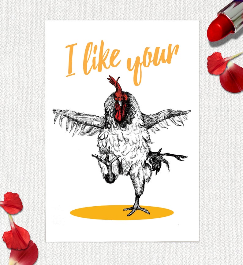 Dirty Valentine Card, Funny Valentine, Anniversary Card, Love, Cock, Funny Bird, Rooster, Illustration, Farm Animal, I Like You, Blank Card image 1
