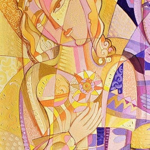 May include: Abstract painting featuring a figure holding a stylized flower. The artwork uses a palette of warm colors, including yellow, orange, and pink, with geometric shapes and patterns. The style is reminiscent of cubism.