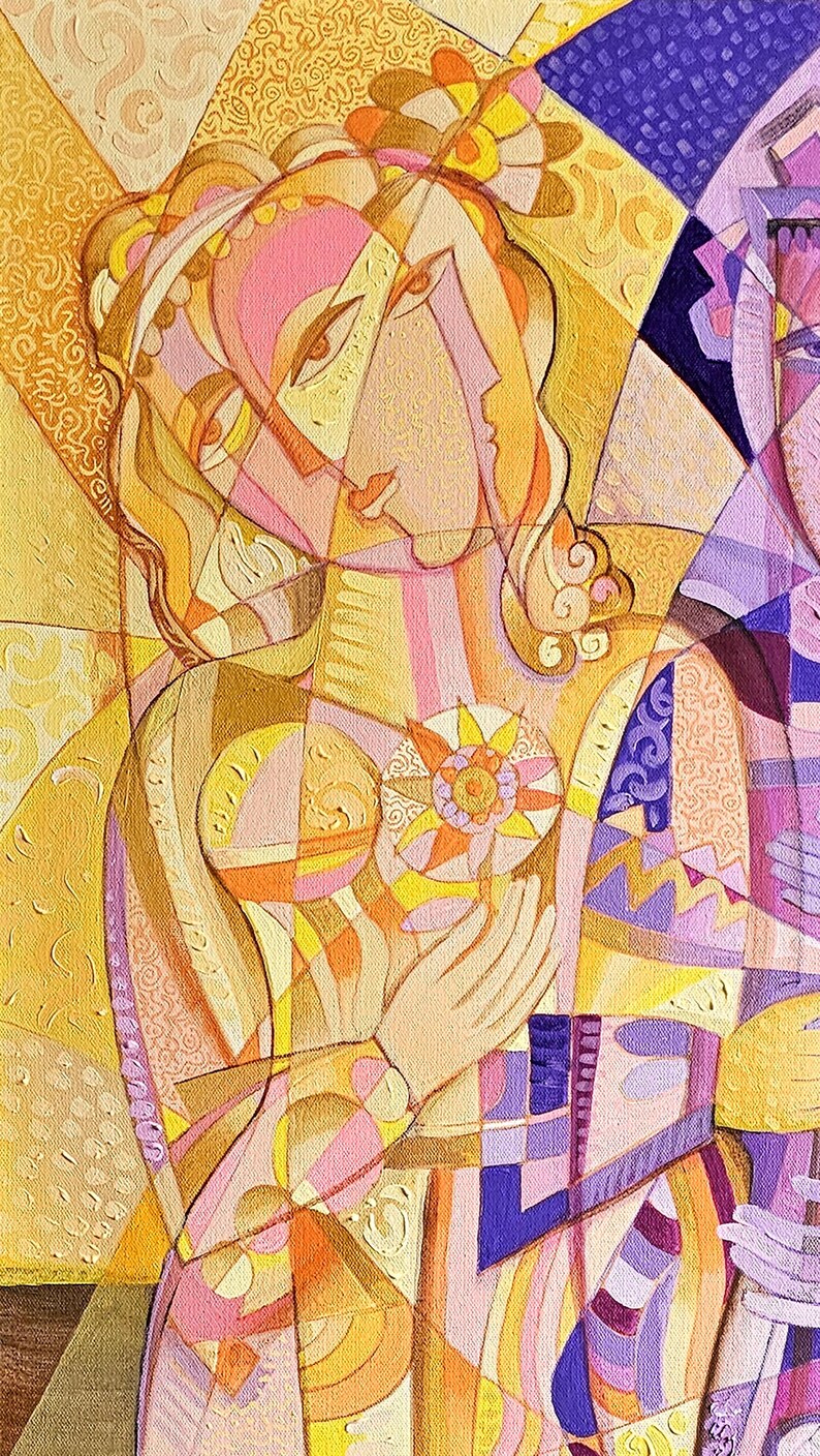 May include: Abstract painting featuring a figure holding a stylized flower. The artwork uses a palette of warm colors, including yellow, orange, and pink, with geometric shapes and patterns. The style is reminiscent of cubism.
