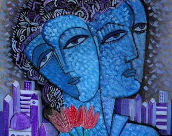 large painting, Large wall art  Picasso style Cubist Modern art " Blue Lovers " print on canvas Size  36 x 24 inches