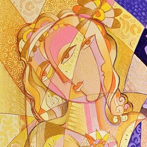 May include: Abstract painting featuring a stylized female figure with geometric shapes and warm colors. The artwork uses a palette of gold, pink, and orange, with a floral motif at the bottom. The style is reminiscent of cubism.