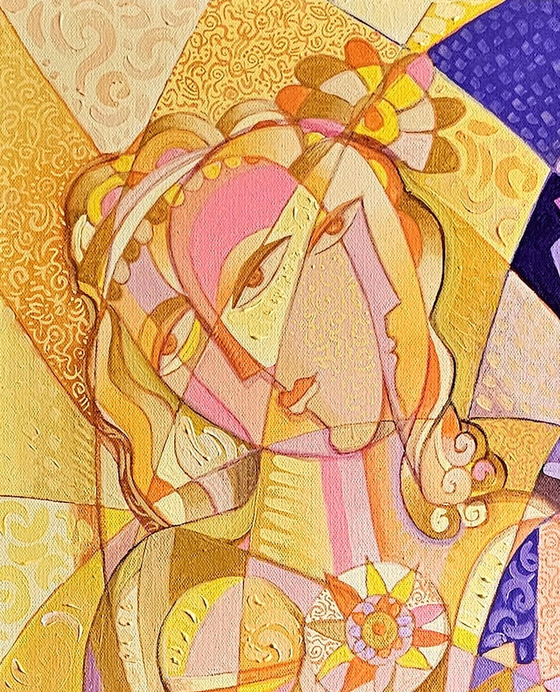 May include: Abstract painting featuring a stylized female figure with geometric shapes and warm colors. The artwork uses a palette of gold, pink, and orange, with a floral motif at the bottom. The style is reminiscent of cubism.