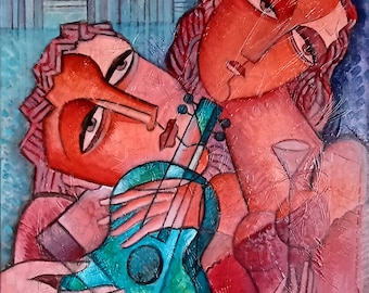 Cubist Lovers with Guitar Canvas Print: Picasso Style Large Wall Art (18x24 inch)