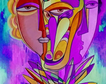Print on canvas large painting, Picasso style cubism Home decor Size 24 x 18 inch,