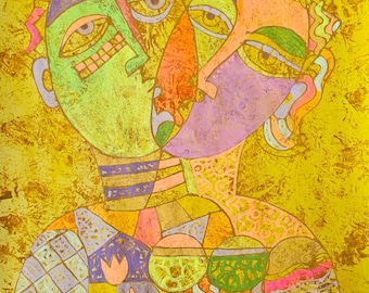 Original Cubist Painting: Abstract Figurative Kiss
