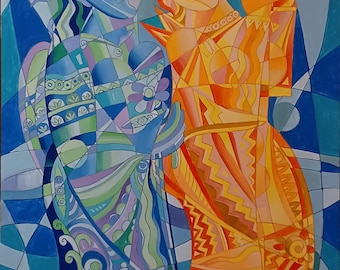 Cubist Oil Painting "Melody" - 36x24 inch Mix Media Canvas Art