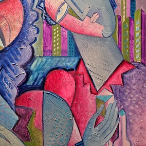 May include: Abstract painting of a person with blue hair and a red shirt holding a bottle. The background is a cityscape with purple, green, and blue buildings.