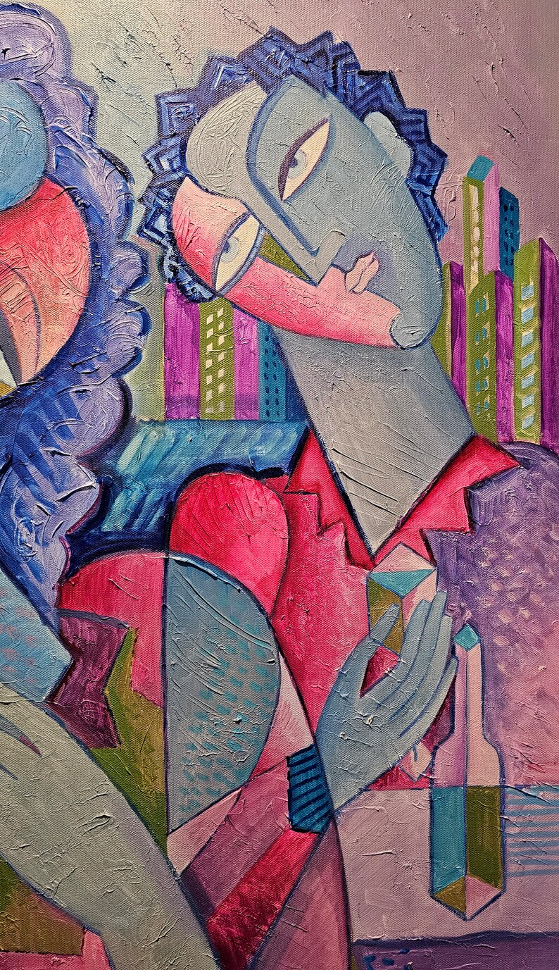 May include: Abstract painting of a person with blue hair and a red shirt holding a bottle. The background is a cityscape with purple, green, and blue buildings.