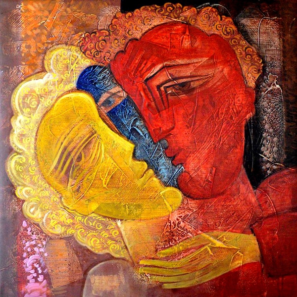 Duże dzieło sztuki. Wydruk na płótnie. Uwielbiam malować. SZTUKA RODZINNA. Darmowa wysyłka w USA. „Kochankowie” 24 x 24 cale, wysyłane w rolce.