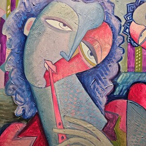 May include: Abstract painting of a person playing a flute. The painting is done in a cubist style with bold colors and geometric shapes. The person's face is partially obscured by the flute, and their hair is a vibrant blue.