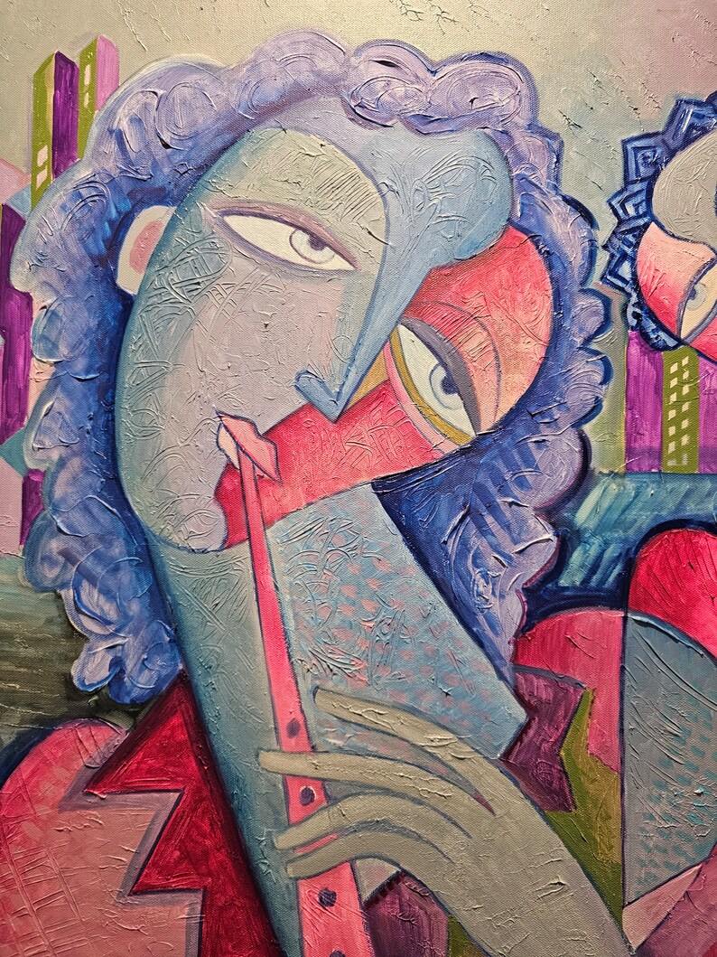 May include: Abstract painting of a person playing a flute. The painting is done in a cubist style with bold colors and geometric shapes. The person's face is partially obscured by the flute, and their hair is a vibrant blue.