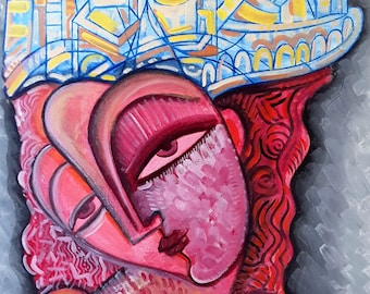 Picasso Style Family Art Painting: "THOUGHTS" Original Oil on Canvas (16x20 in)