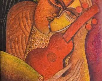 Guitar Painting: Large Textured Cubist Oil on Canvas (23.6 x 31.4 inches)