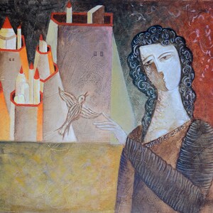 original oil Cubist girl, bird painting, romantic art "Girl with Little Bird" Picasso style 18.1 x 25.2 inch 46 x 64 cm