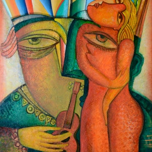 Large painting Love Couple Painting Cubist Guitar Picasso style art &quot; The Muse of Guitarist &quot; 27.5x29.5 inch 70x75cm
