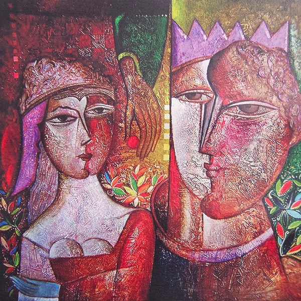 Canvas Print Picasso style Cubist Modern art. Free Shipping. " King and Queen " Size 21.2 x 21.6 inch