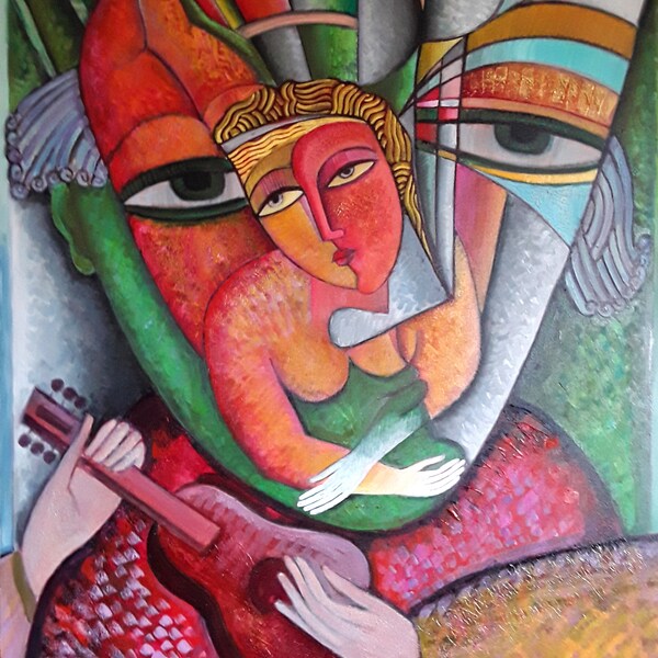Oil on canvas,large painting,Large wall art  Picasso style Cubist Modern art " Love Story"  Size  30x36 inch