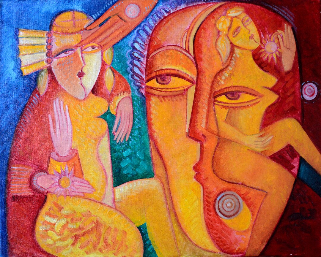 Cubist Sun Large Painting, Large Artwork Picasso Style Cubist Art
