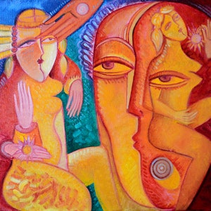 Large painting, large artwork Picasso style Cubist  art &quot;Priestess of the Sun&quot;  Size 18 x 24 inch