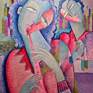 A painting of two people, one playing a pink clarinet and the other holding a blue cube. The painting is done in a cubist style with bold colors and geometric shapes. The background is a purple and green cityscape.