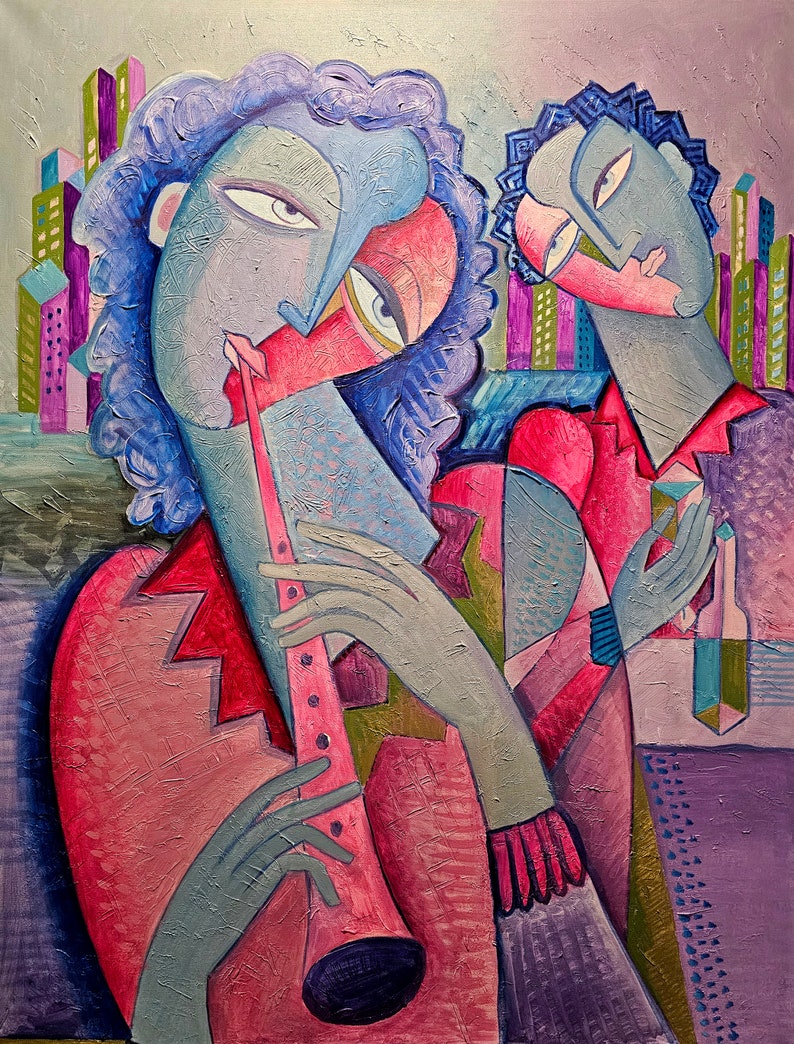 A painting of two people, one playing a pink clarinet and the other holding a blue cube. The painting is done in a cubist style with bold colors and geometric shapes. The background is a purple and green cityscape.