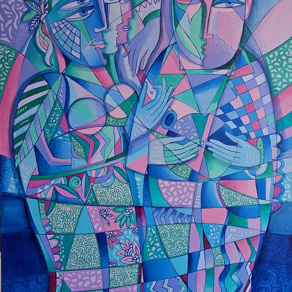 Duży obraz, oryginalne dzieło sztuki, kubizm „Urocza rozmowa” 36 x 24 cale, olej, technika mieszana na płótnie