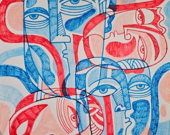 Original Cubist Painting: Abstract Figurative Art Multifaceted Man