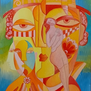 Groot schilderij kubistisch origineel olieverfschilderij Woondecoratie &quot;Fantastic Story&quot; 24 x 18 inch, 45 x 61 cm