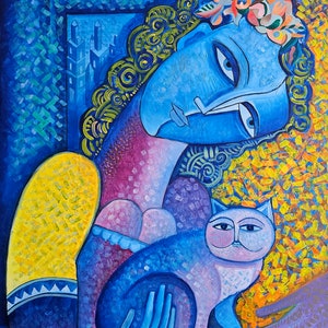 Abstract Painting Picasso style Cubist  art &quot; Loving Touch &quot; Original art  Size 48 x 36  inch, Shipped rolled